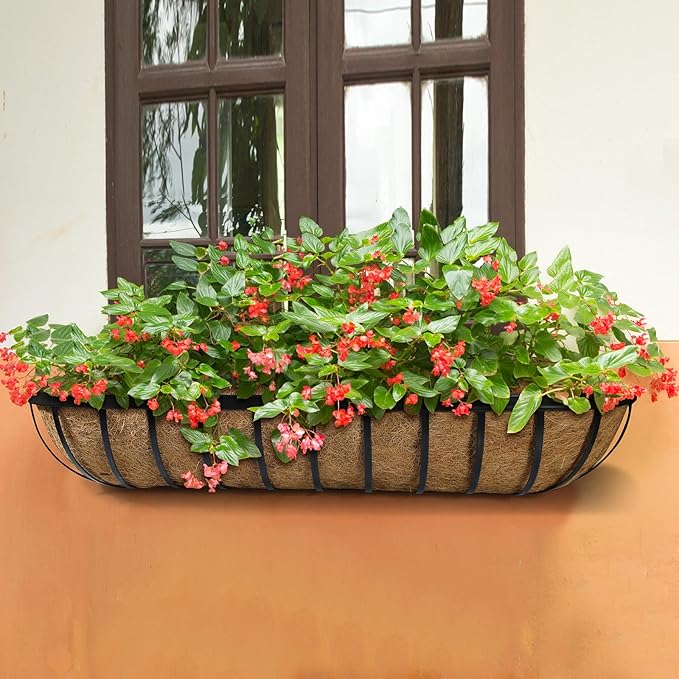4 Pack 48 Inch Window Deck Railing Planter Boxes with Coconut Liner, Large Hanging Window Flower Boxes Metal Railing Planter for Balcony Fence Porch (4, 48 Inch)
