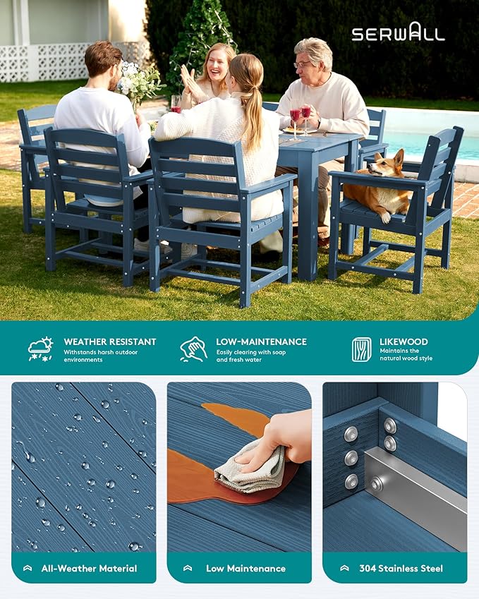 SERWALL Outdoor Dining Sets for 10, HDPE Dining Sets for 10 Person with 2 Rectangular Tables and 8 Armless Chairs and 2 Armchairs, Patio Dining Sets for Garden, Backyard, Poolside, Blue