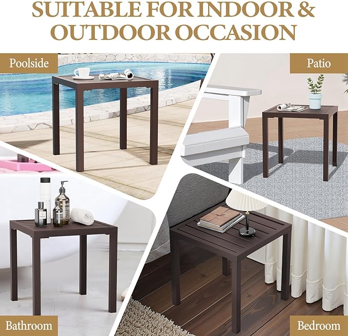 Crestlive Products Outdoor Side Table Set of 2, Small Square Metal End Table Weather Resistant Pool Side Tables for Patio Balcony(Brown)