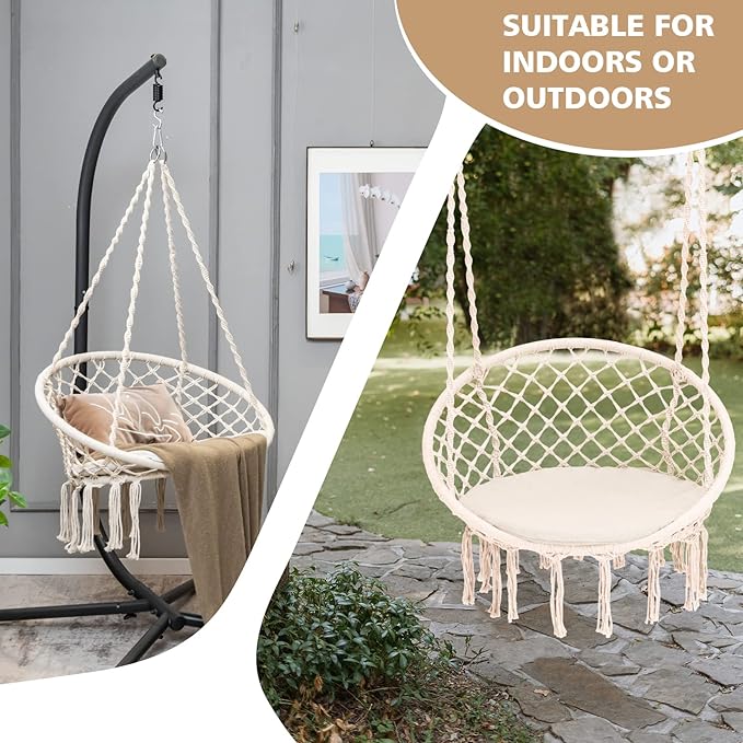 Giantex Hammock Chair Macrame Swing - Hanging Chair with Cushion and Hardware Kit, 330 LBS Weight Capacity, Indoor Swing for Hammock Stand, Patio, Balcony, Living Room Hammock Swing (Beige)