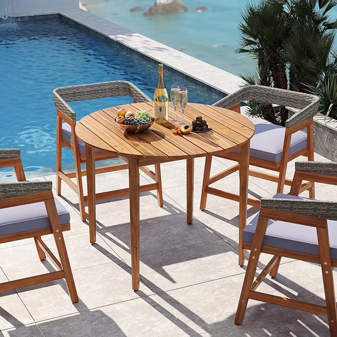 Tangkula 5 Piece Patio Dining Set for 4, Outdoor Solid Wood Round Table with Cushioned Chairs, for Deck, Lawn, Garden and Poolside