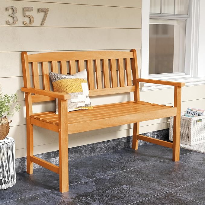 COSTWAY Wooden Bench Outdoor, Sturdy Outdoor Acacia Wood Bench for Garden, Park & Porch, 43”L x 22”W x 34”H, Teak