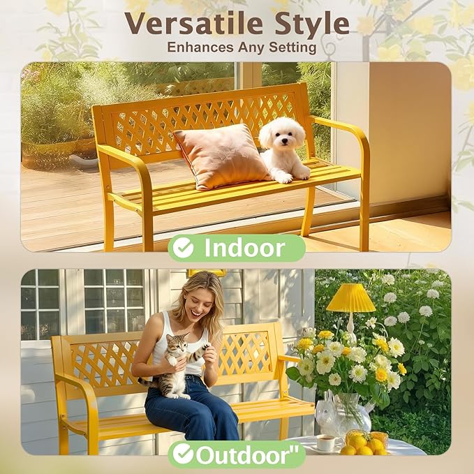 Outvita Outdoor Bench, 47" Iron Steel Frame Garden Bench with Mesh Pattern and Plastic Backrest Armrests, Patio Bench for Garden Park Yard Front Porch Patio, Yellow