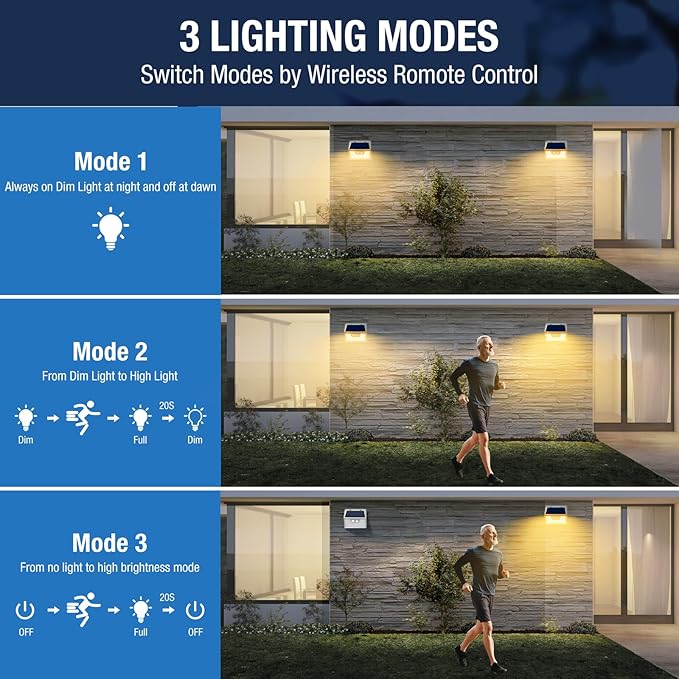 Peasur White Frame Solar Motion Sensor Lights Outdoor, 2 Packs 180LED Warm Solar Wall Lights Waterproof, 3 Modes Fence Security Lighting for Deck Yard Stairs Garden