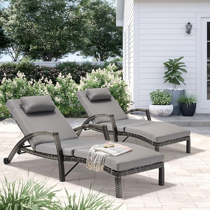 HOMREST Chaise Lounge Chairs Set of 2, PE Rattan Wicker Patio Lounge Chair with Adjustable 5 Position, Arm and Wheels for Poolside Backyard Deck Porch,Grey