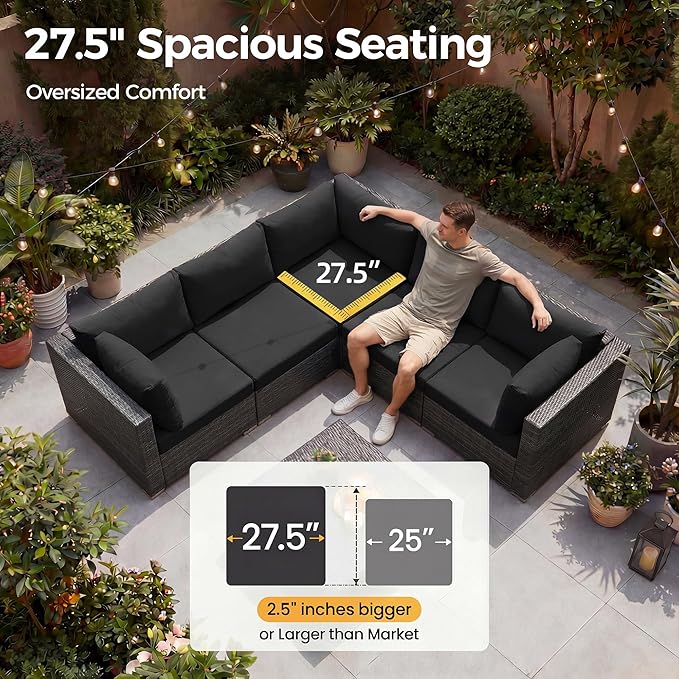 NICESOUL 18 Piece Outdoor Sectional with Fire Pit Table, 29.3'' High Back Extra Large Patio Furniture Set with Firepit & Chaise Lounge, 14-Person Outdoor Sofa Conversation Couch, Grey & Black