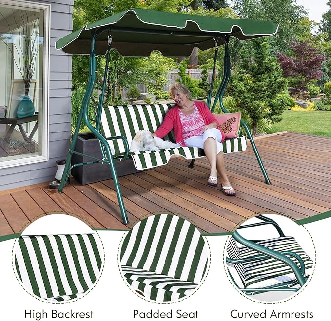 Porch Swing Outdoor, 3 Person Patio Swing w/Removable Cushion, Stand & Adjustable Canopy, Heavy Duty Swing Chair for Patio, Garden, Courtyard, Poolside