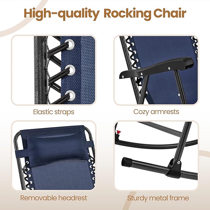 Yaheetech 26in Rocking Chair Outdoor Zero Gravity Folding Chairs Rocking Chairs Foldable Outdoor Lounge Chair for Outside Lawn with Cupholder/Pillow Ergonomic Design for Rest, Navy Blue, Set of 2