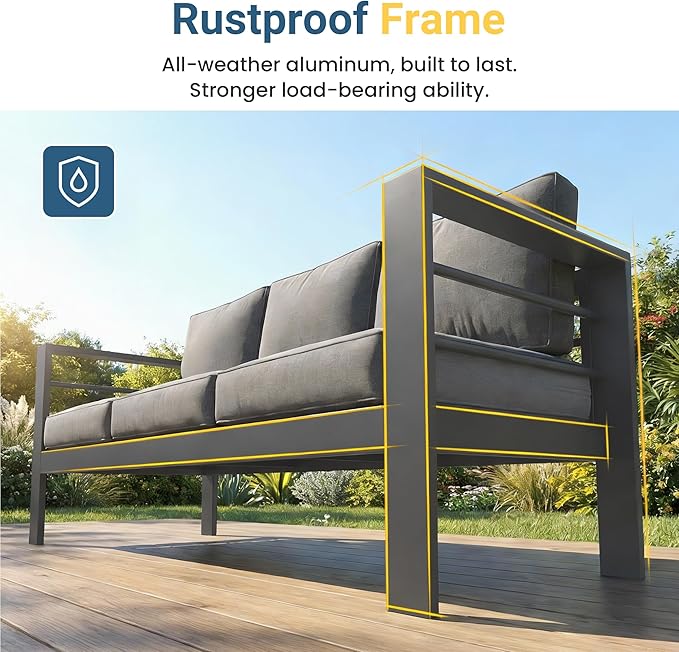Wisteria Lane Aluminum Outdoor Patio Furniture Set, Oversized Patio Conversation Sets with Deep Seating and Wide Armrest, Outdoor Sectional Metal Sofa with 5 Inch Cushion and Coffee Table, Dark Grey