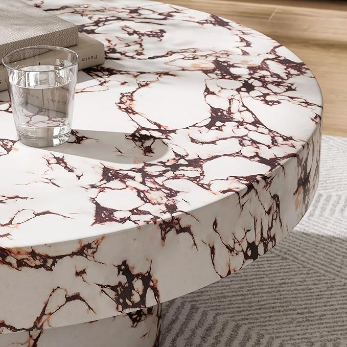 Modway Alora Round Concrete Coffee Table with Faux Stone Finish in Red Marble - Cement Accent Table for Living Room - Stone Patio Center Table - Indoor Outdoor 34 Inch Low Coffee Table