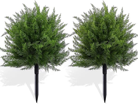 Artificial Topiary Bushes for Outdoors with Spike, Boxwood Ball Fake Shrubs UV Resistant Faux Plants for Indoor Outdoor Fall Thanksgiving Halloween Decor (Cedar Topiary Ball Trees)