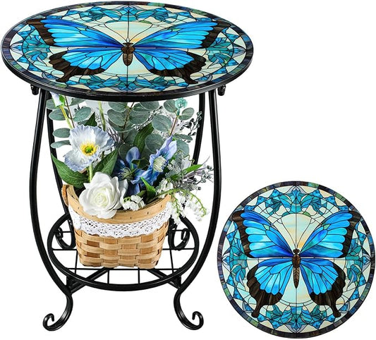 Outdoor Side Table Round Small Mosaic Patio Accent Indoor End Plant Coffee Tea Table for Yard Patio Porch Garden Living Room, Bedroom