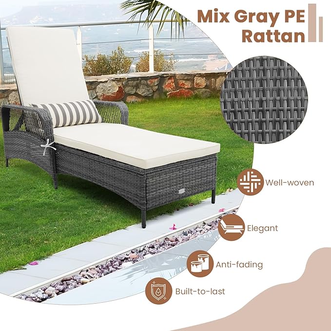 Tangkula Wicker Chaise Lounge Outdoor, Patio Rattan Reclining Chaise with 6-Gear Adjustable Backrest, Thick Padded Cushion & Removable Lumbar Pillow, Pool Lounge Chairs for Outside Balcony Backyard