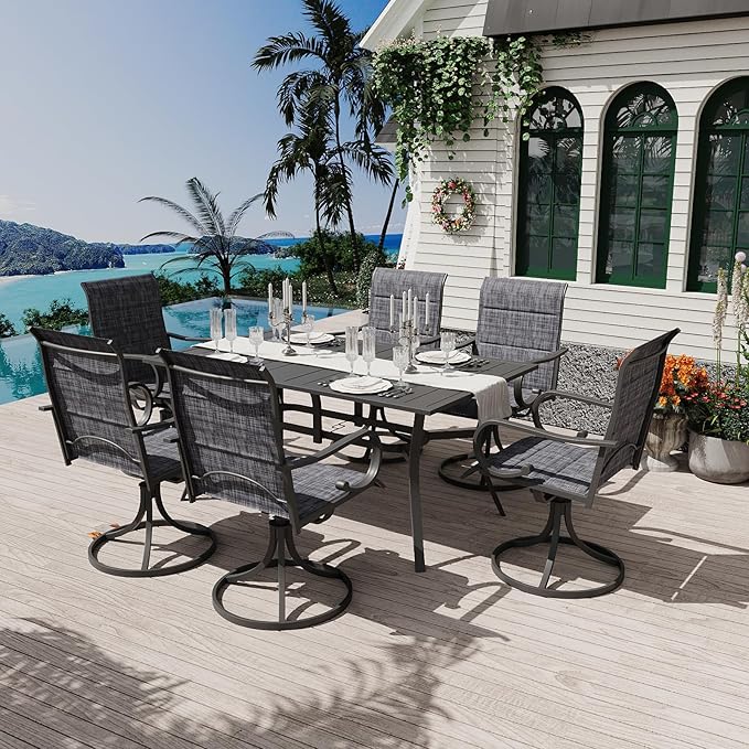 MELLCOM 7 Pieces Outdoor Dining Set, 6 Swivel Rocker Chairs with High Back Textilene & Rectangular Metal Dining Table with Umbrella Hole, Patio Furniture Set for Porch, Deck, Grey