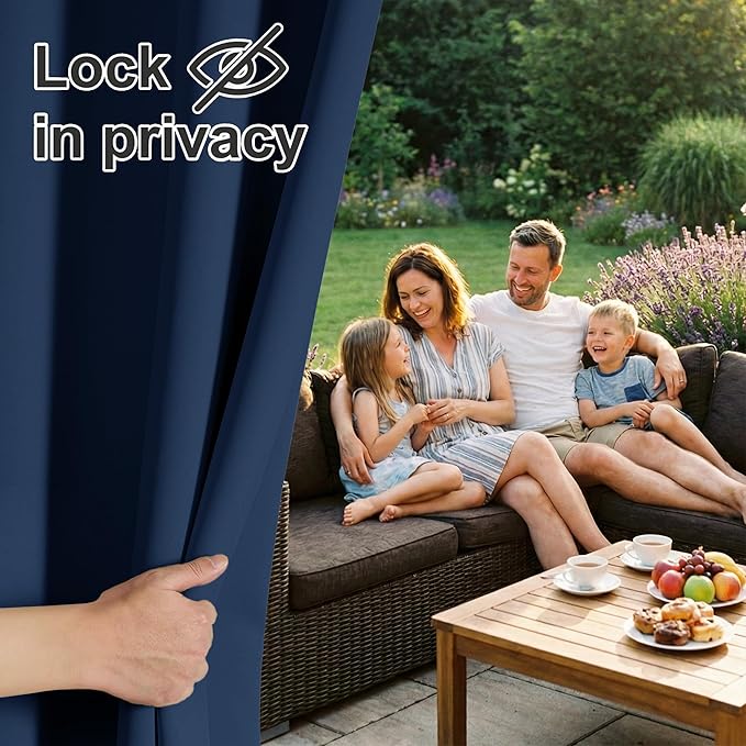 RYB HOME Extra Wide Outdoor Curtains for Patio Waterproof Heavy Duty Thermal Insulated in Summer Full Coverage Privacy for Porch, Cabana & Pool, W150" x L84", Navy Blue, 1 Panel