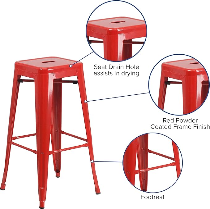 Flash Furniture Commercial Grade 30" High Backless Red Metal Indoor-Outdoor BarStool with Square Seat
