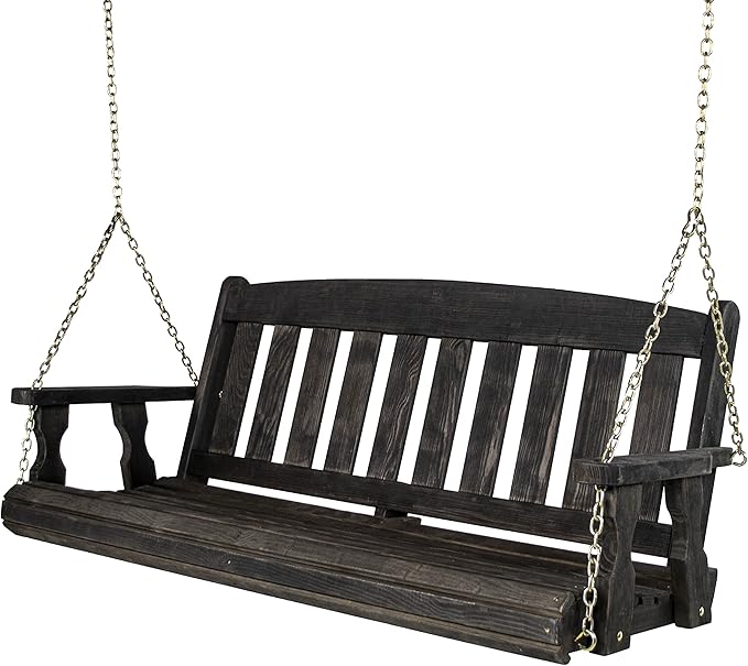 Amish Casual Heavy Duty Mission Treated Porch Swing, 6-Foot, Semi-Solid Black Stain, 8Ft Chains, Without Cups