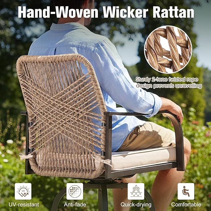Outdoor Bar Stools Set of 2, 360° Swivel Metal Frame, Wicker Patio Bar Height Stools with Cushion, All-Weather Rattan Chair Design for Patio Backyard, Lawn Garden, Balcony, Poolside