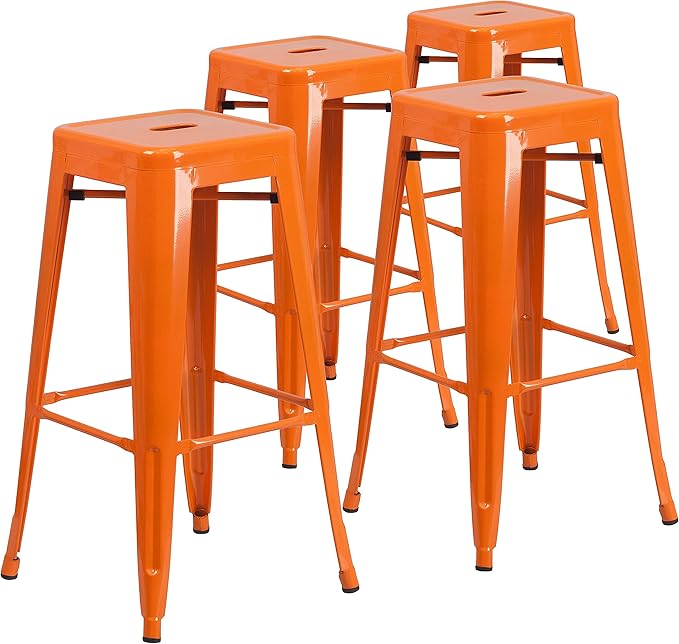 Flash Furniture Lily 4 Pack Commercial Grade 30" High Backless Orange Metal Indoor-Outdoor Barstool with Square Seat