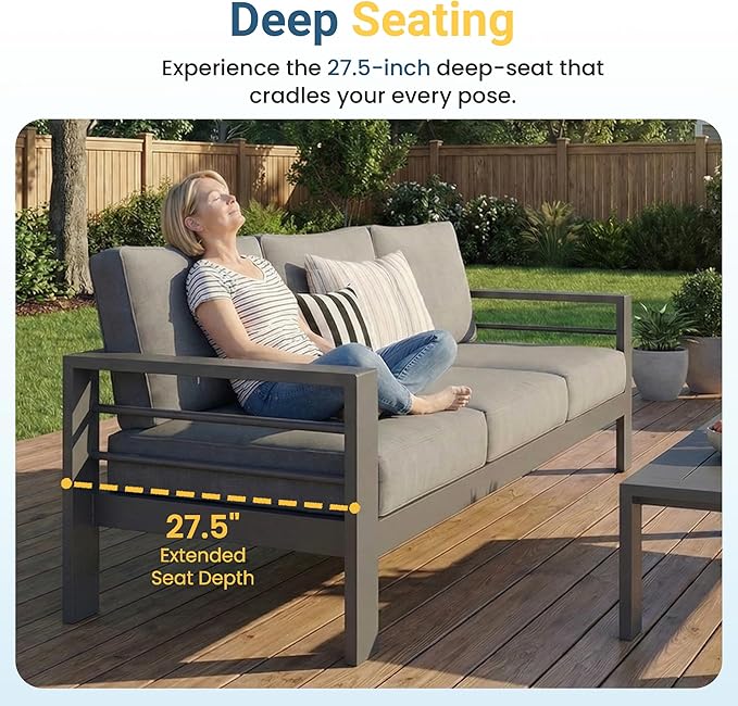 Wisteria Lane Aluminum Outdoor Patio Furniture Set, Oversized Patio Conversation Sets with Deep Seating and Wide Armrest, Outdoor Sectional Metal Sofa with 5 Inch Cushion and Coffee Table, Dark Grey