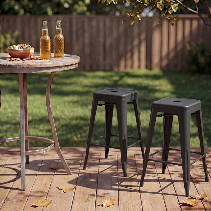 Shahoo 24 Inches Metal Bar Stools Counter Height Stackable Backless Stools, Industrial Patio Stools Indoor Outdoor Metal Kitchen Stools Set of 4 (Black, 24'')