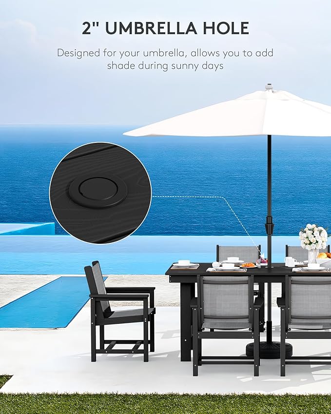 SERWALL 7 Piece Outdoor Dining Table Sets for 6 with 1 Umbrella Hole Cut-Out Rectangular Table and 6 Textilene Chairs, HDPE Dining Table Sets for Garden, Backyard, Poolside, Black