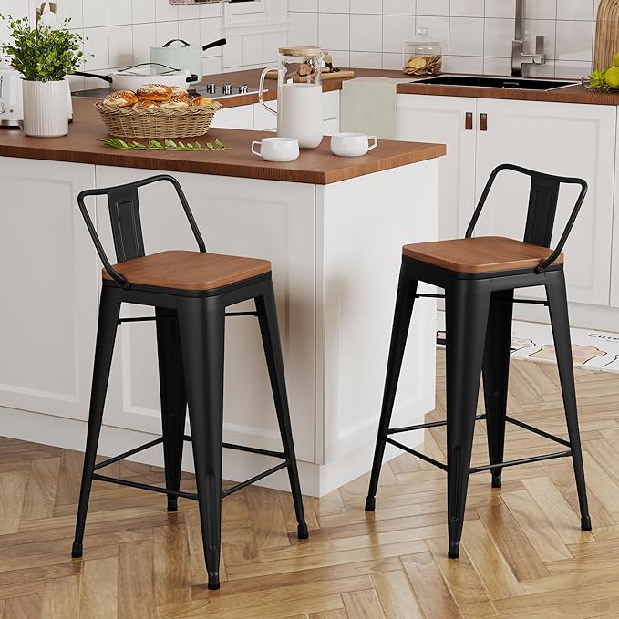 Yongchuang 30 inch Bar Stools Set of 2 Bar Height Metal Barstools with Wood Seat Low Back Kitchen Bar Chairs Matte Black