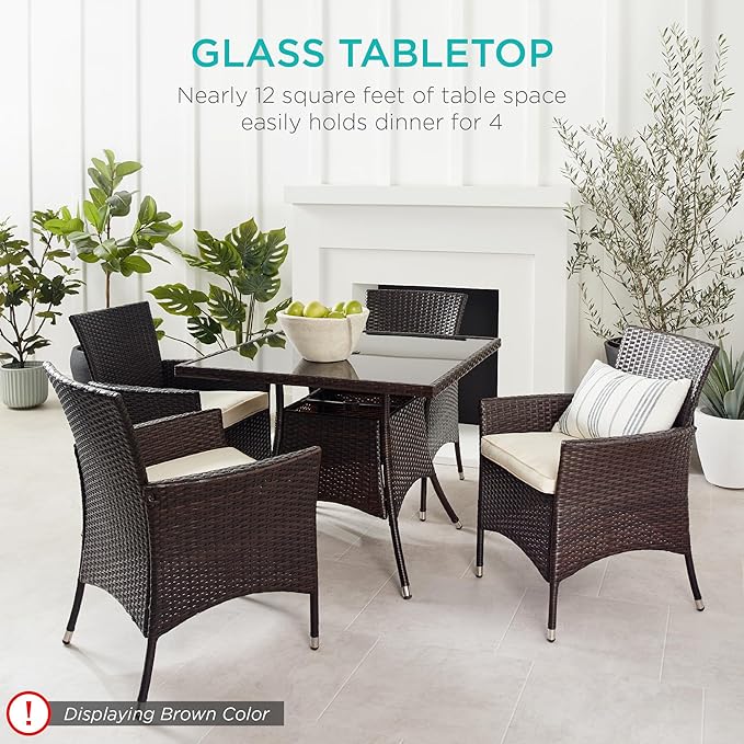 Best Choice Products 5-Piece Indoor Outdoor Wicker Dining Set Furniture for Patio, Backyard w/Square Glass Tabletop, Umbrella Cutout, 4 Chairs - Red