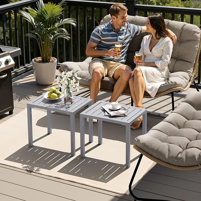 Crestlive Products Outdoor Side Table Set of 2, Aluminum Small Rectangular Coffee End Tables for Patio Balcony Pool Deck(Light Gray)