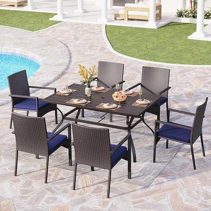 PHI VILLA 7 Piece Patio Dining Set for 6, Outdoor Slatted Metal Dining Table with Umbrella Hole & Cushioned Wicker Chairs for Patio, Deck, Yard, Porch