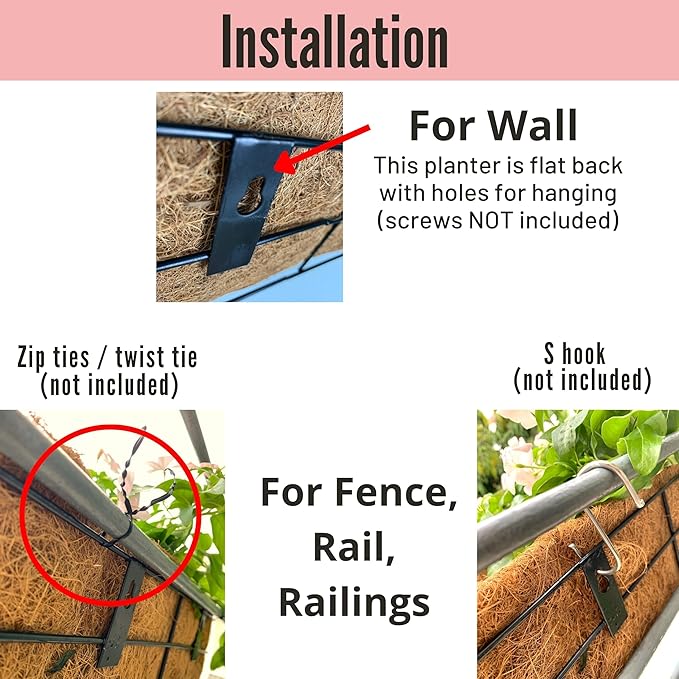 LaLaGreen Wall Planters - 2 Pack, 16 Inch Window Flower Boxes Outdoor, Deck Railing Hanging Metal Wire Basket Black with Coco Liners Horse Troughs Fence Balcony Garden Farmhouse Patio Porch Over Rail