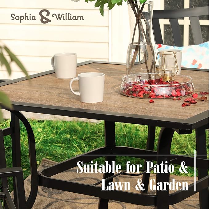 Sophia & William Square Patio Dining Table with 1.57" Umbrella Hole, Outdoor Table with Imitation Wood Tabletop and Brown Metal Steel Frame, for Lawn Garden Backyard, L37 X W37 X H28