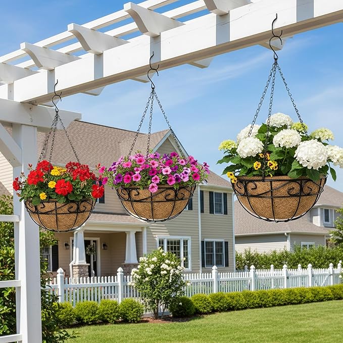 Outdoor Metal Hanging Planters Basket (2pack, 14 inch) Hanging Baskets for Plants Chain Round Wire Plant Holder with Coco Fiber Liners for Garden, Patio, Deck, Porch(Flower Border)