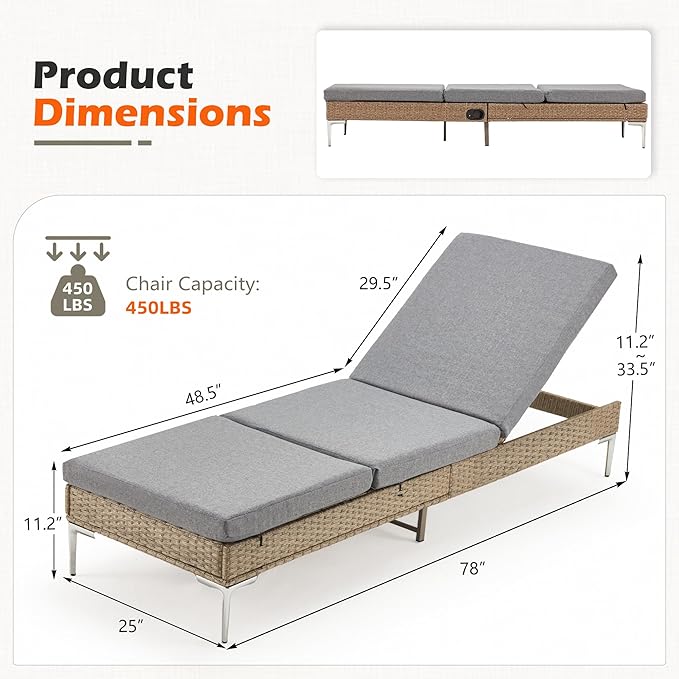 HOMREST Outdoor Chaise Lounge Chair Set of 4, Patio Wicker Lounge Chairs with Adjustable Backrest, Rattan Pool Sunbathing Chaiser Suitable for Garden,Porch,Grey