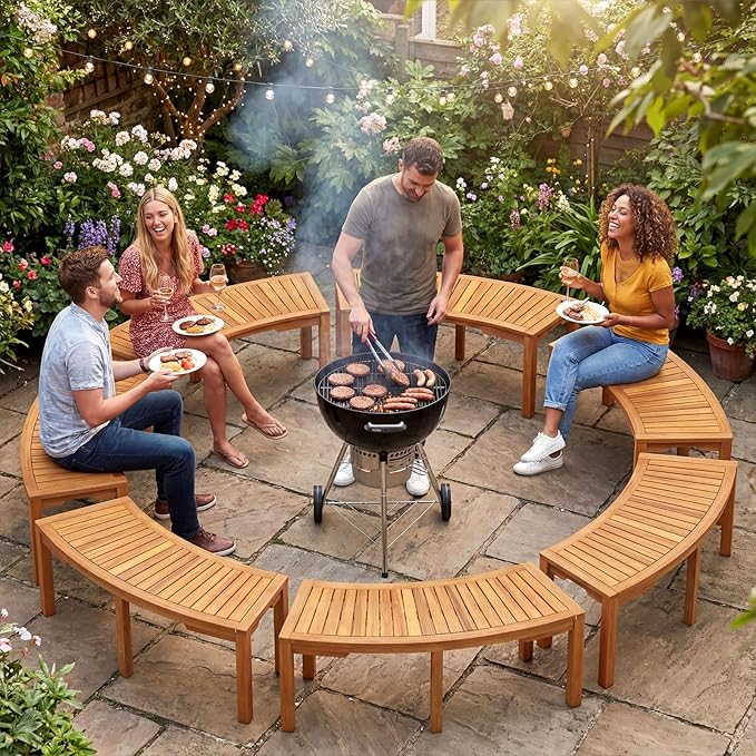 Tangkula Outdoor Curved Bench, Acacia Wood Fire Pit Bench w/Slatted Seat, Patio Backless 2-Person Seating for Porch, Yard, Garden, 800 LBS Max Load, Oil Painted (2, 45")