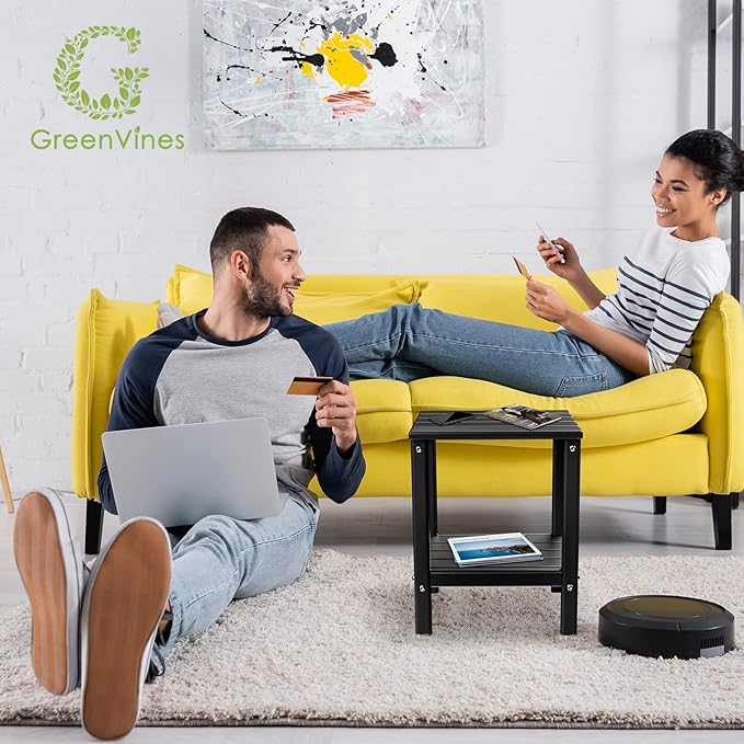 GREENVINES Adirondack-Outdoor-Side-Table | 14 x 13 Inches | HDPE Plastic | All Weather | Black | Outside End Tables | Storage Shelf | for Patio Porch Backyard Indoor