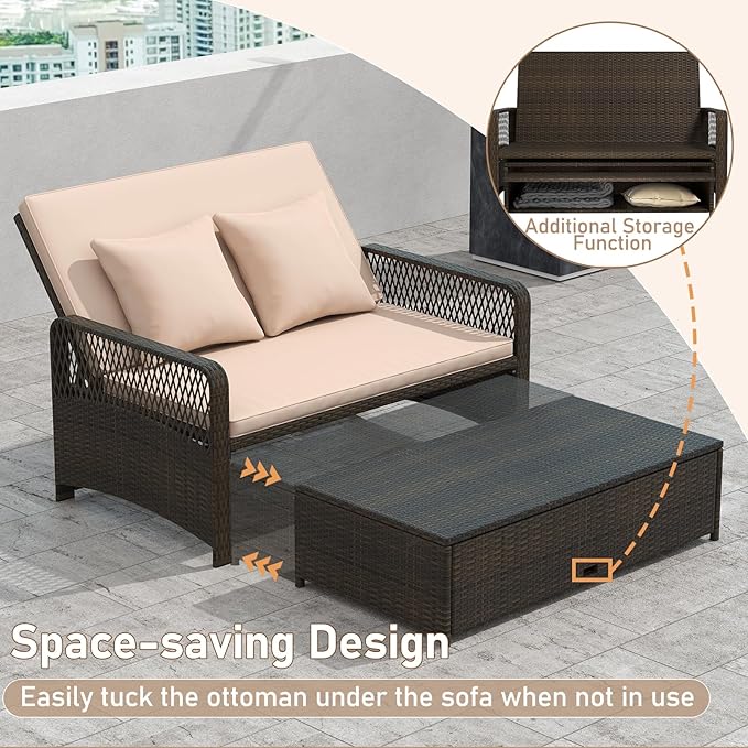 RELAX4LIFE Wicker Patio Outdoor Daybed - Rattan Sunbed Loveseat Sofa Set w/4-Level Adjustable Back, Cushions & Pillows, Storage Ottoman, 2-Person Bed Lounger for Backyard Porch, Patio Daybed (Beige)