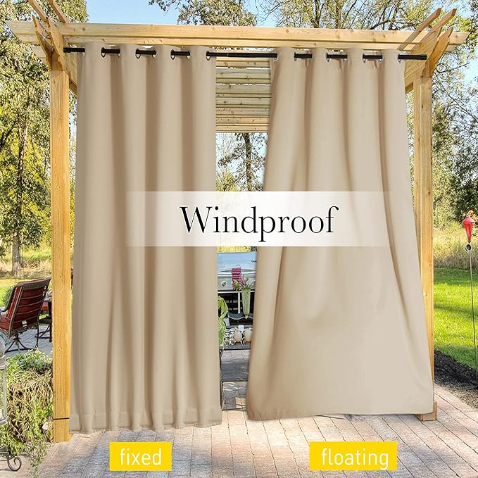 NICETOWN 2 Panels Outdoor Patio Curtains Windproof & Waterproof, Top & Bottom Grommet & Back Tab Light Blocking Thermal Drapes Privacy for Yard/Porch with Ropes for Fixed, Biscotti Beige, W46 x L63