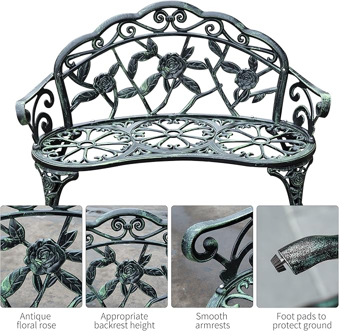 Outsunny Outdoor Bench, Cast Aluminum Outdoor Furniture, Metal Bench with Floral Rose Accent & Antique Finish, Green