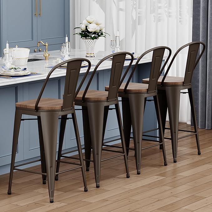Yongqiang 24 inch Bar Stools Set of 4 Kitchen Counter Height Bar Chairs Modern Farmhouse High Back Metal Barstools with Large Wooden Seat Rusty