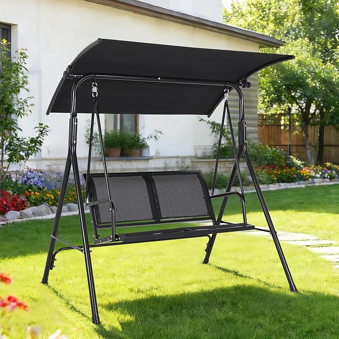2-Seat Outdoor Patio Porch Swing with Stand, Waterproof Textilene & Adjustable Canopy, Steel Frame Swing Outdoor Chair for Backyard, Front Porch, Lawn, Garden