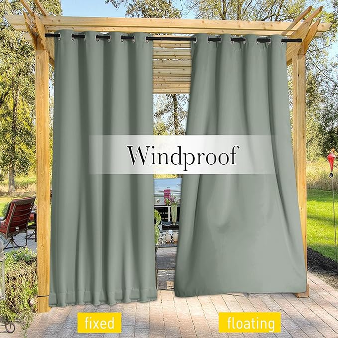 NICETOWN 2 Panels Outdoor Curtains for Patio Extra Wide 84", Waterproof & Windproof Grommet & Back Tab Fixed Top and Bottom Thermal Insulated Privacy Drapes with Rope for Deck, Sage Green, W84 x L108