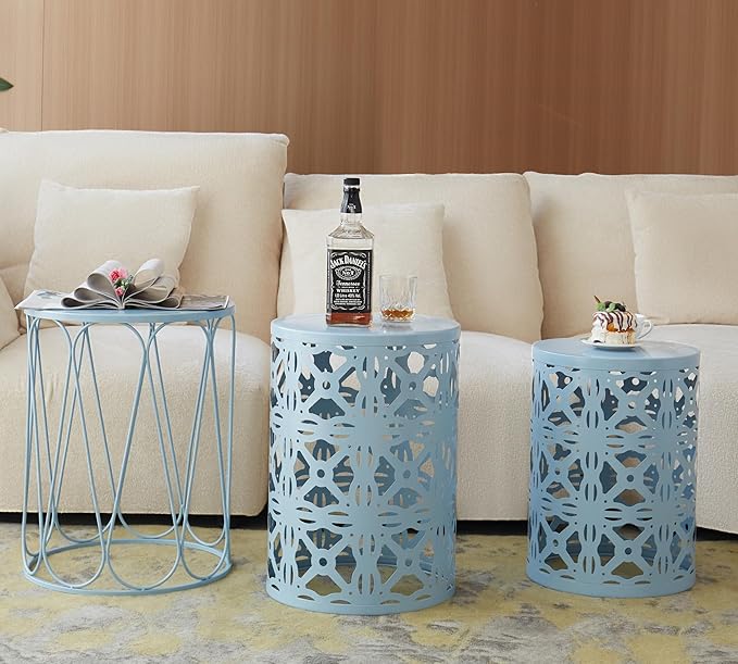 HFHOME Set of 3 Metal Outdoor Side Table, Nesting Round Coffee Table for Indoor Outdoor, Heavy Duty End Tables Plant Stand Living Room Garden Stool - Blue