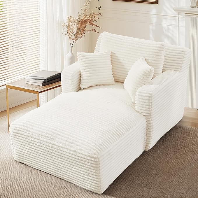 65.4" Chaise Lounge Chair Indoor, Oversized Boneless Couch Comfy Upholstered Sleeper Sofa Bed with 3 Pillows, Corduroy Cloud Reading Chair for Living Room No Assembly Required, White Beige