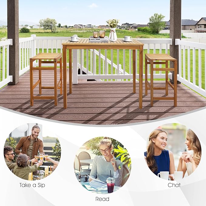 Tangkula Outdoor Acacia Wood Bar Table, 45” Rectangular Bar Height Farmhouse Rustic Dining Table with Slatted Tabletop, for Patio Porch Garden Deck, Teak Finish