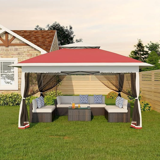 Canopy Tent 13x13 ft, Pop Up Gazebo One-Push Setup with 4 SandBags for Backyard Parties and BBQs, Mosquito Netting & Height Adjustable - Red