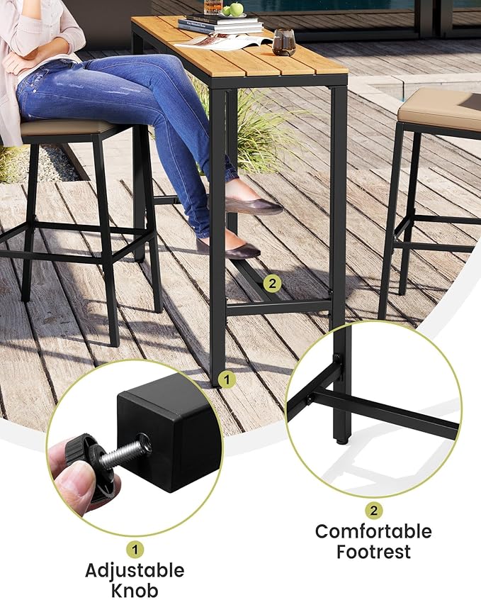 Crestlive Products Outdoor Bar Table and Chairs Set, 3 Piece Outside Patio Bar Set with 63" Long Bar Table and 2 Bar Stools for Balcony, Bistro, Garden, Backyard(Brown Desktop and Light Gray Cushion)