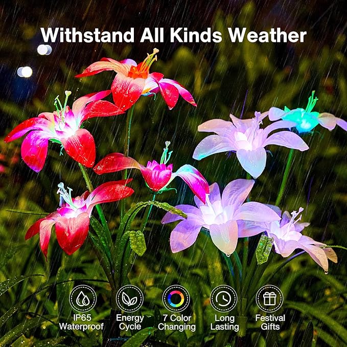 Solar Garden Lights Outdoor, 4 Pack Blooming Lily Solar Flowers Outdoor Waterproof, 7 Color Changing Bigger Flower Lights for Yard Patio Decor, Gift for Mom