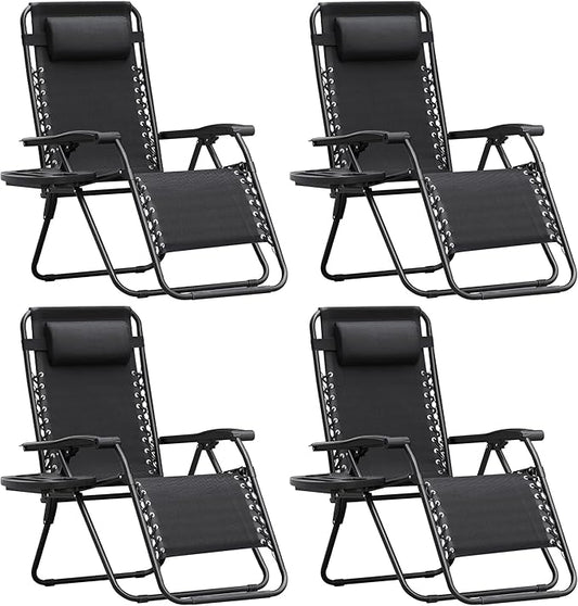 Homall Zero Gravity Chair Patio Folding Lawn Outdoor Lounge Gravity Camp Reclining Lounge Chair with Cup Holder Pillows for Poolside Backyard and Beach Set of 4 (Black)