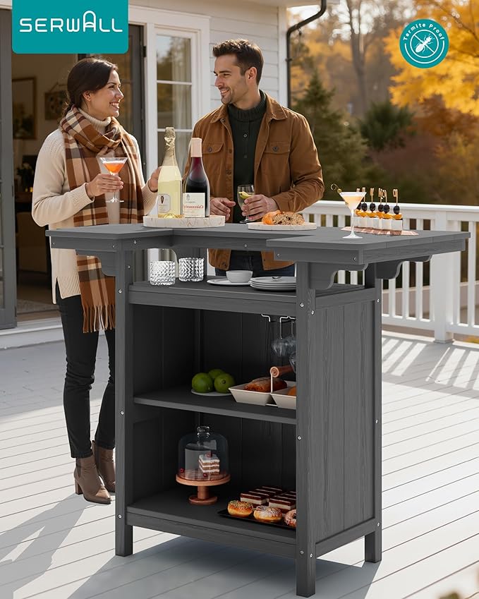 SERWALL Outdoor Bar Table,Patio Bar Cabinet with 4-Tier Storage and Spacious Tabletop for Outside,Poolside, Backyard,Made of HDPE,Gray